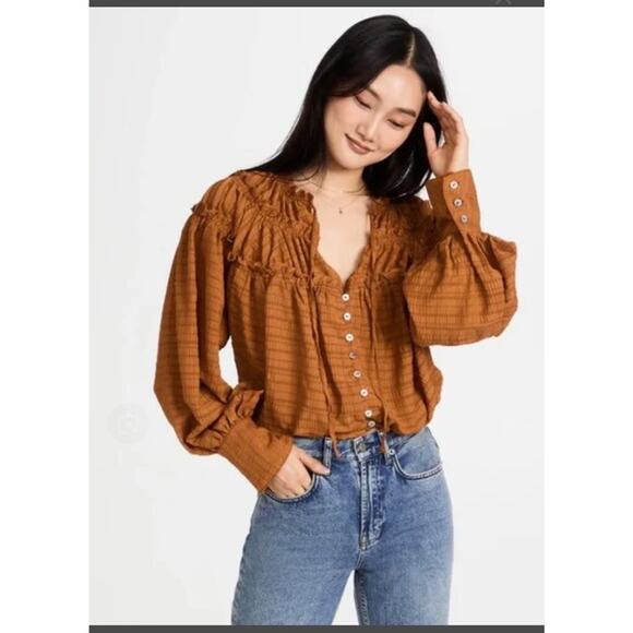 Free People Hailey Blouse Rust Long Sleeve Medium Peasant Layered Balloon - Picture 1 of 9